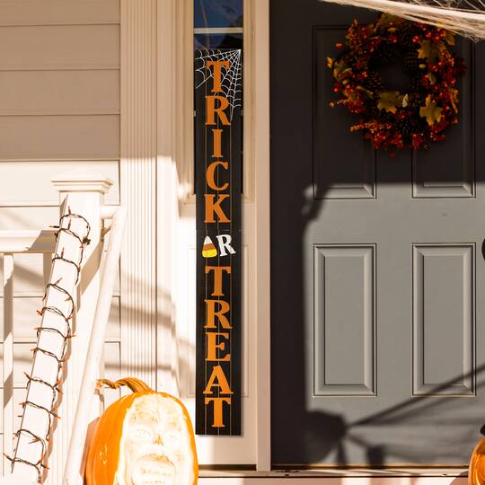 Glitzhome® Orange & Black Wooden Trick or Treat Porch Sign